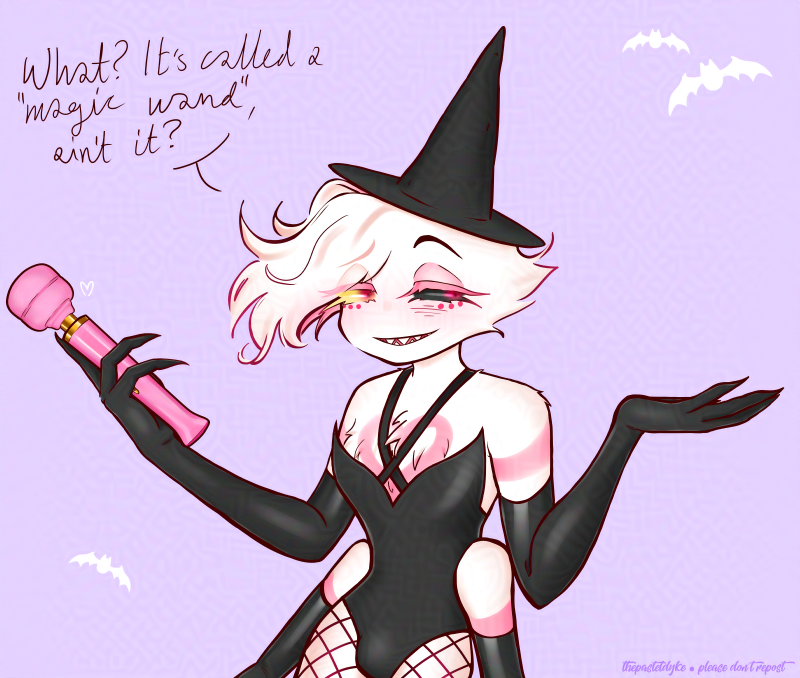 Angel in a black body suit and witches hat, holding a pink magic wand vibrator in one of his hands. Text next to him reads 'What? It's called a 'magic wand', ain't it?'